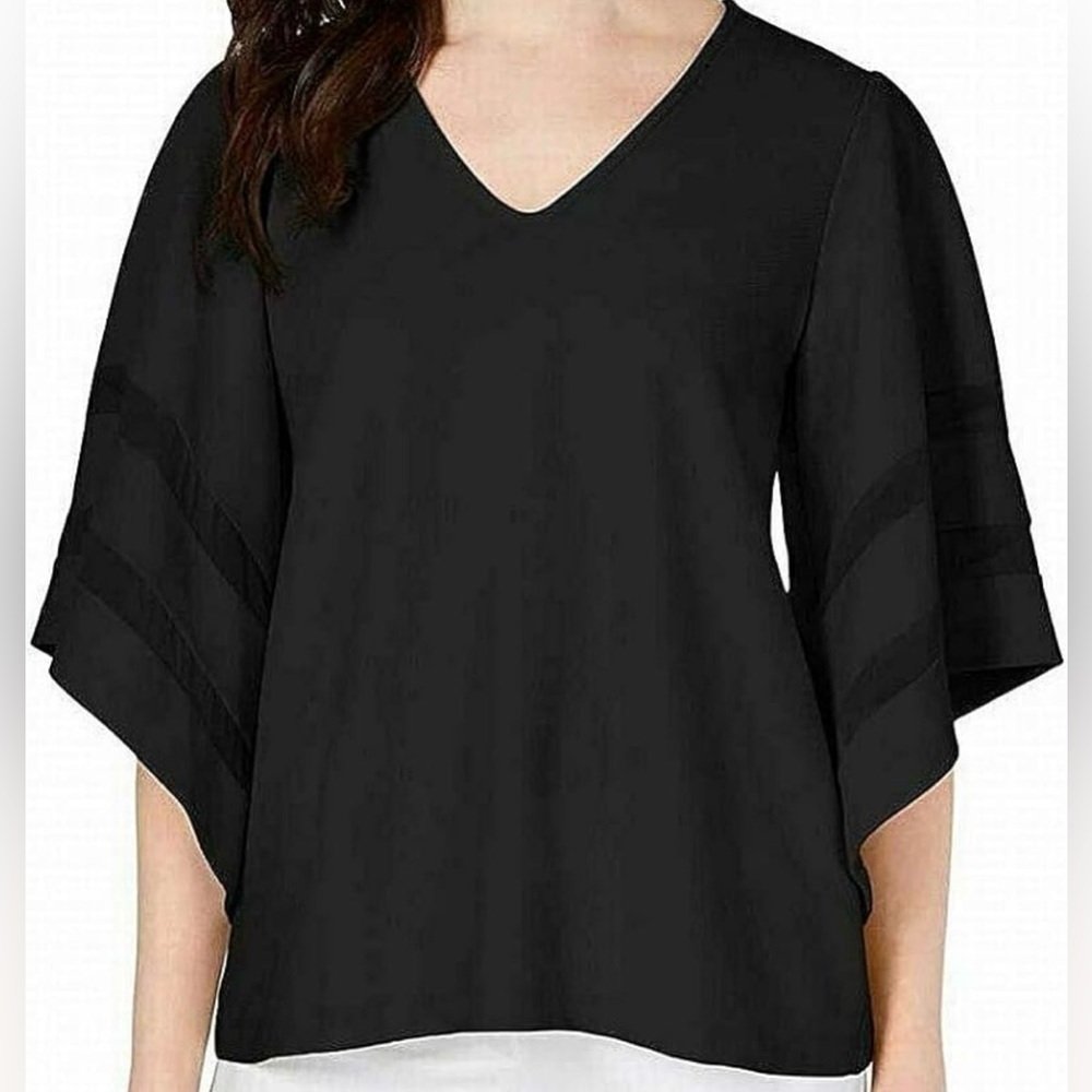 Alfani V-neck Pull Over Mesh Ribbon Inset on Sleeves Blouse
